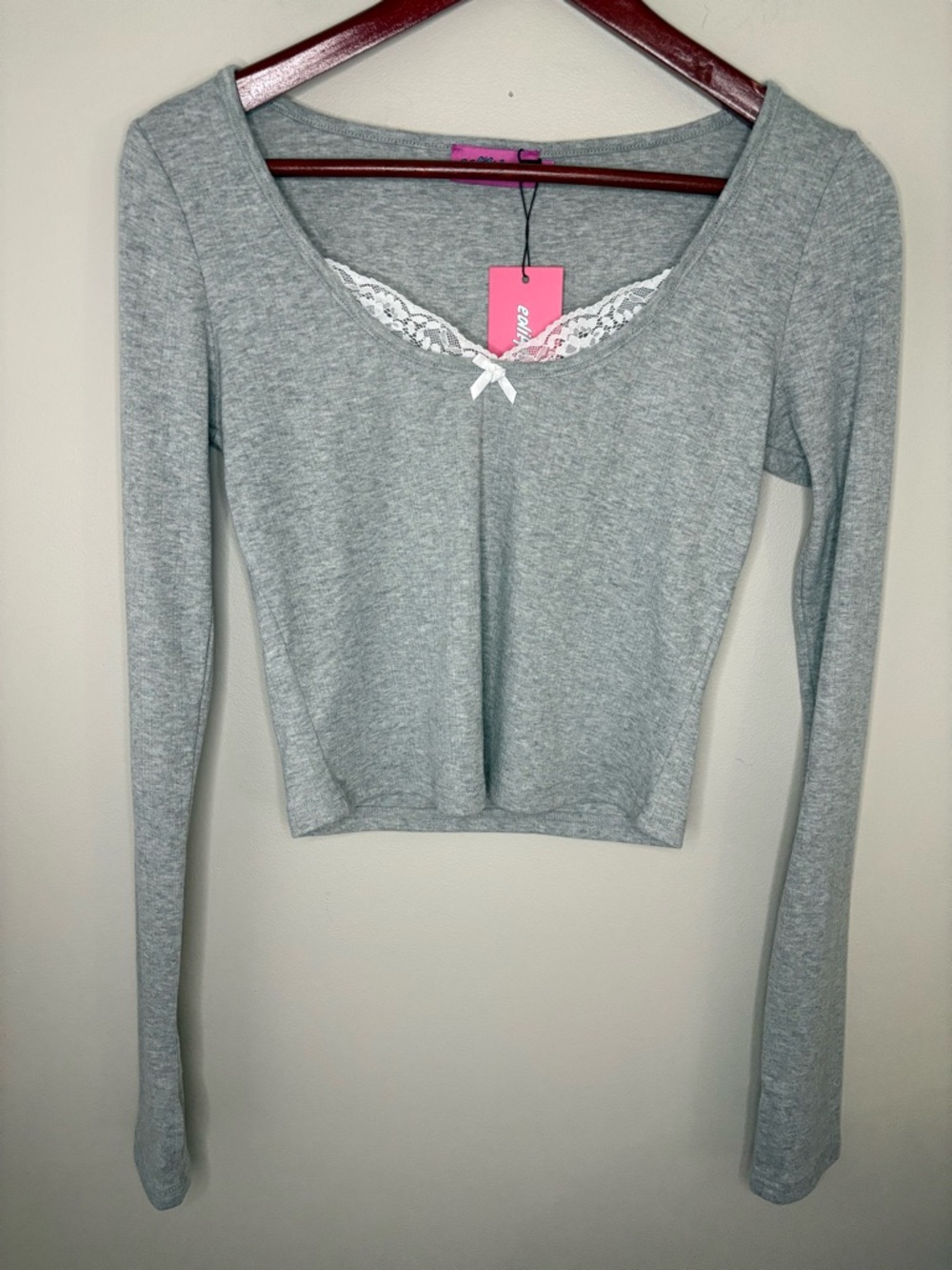 Edikted Gray Lace Trim Crop Top Long Sleeve Y2K Coquette Size M NWT